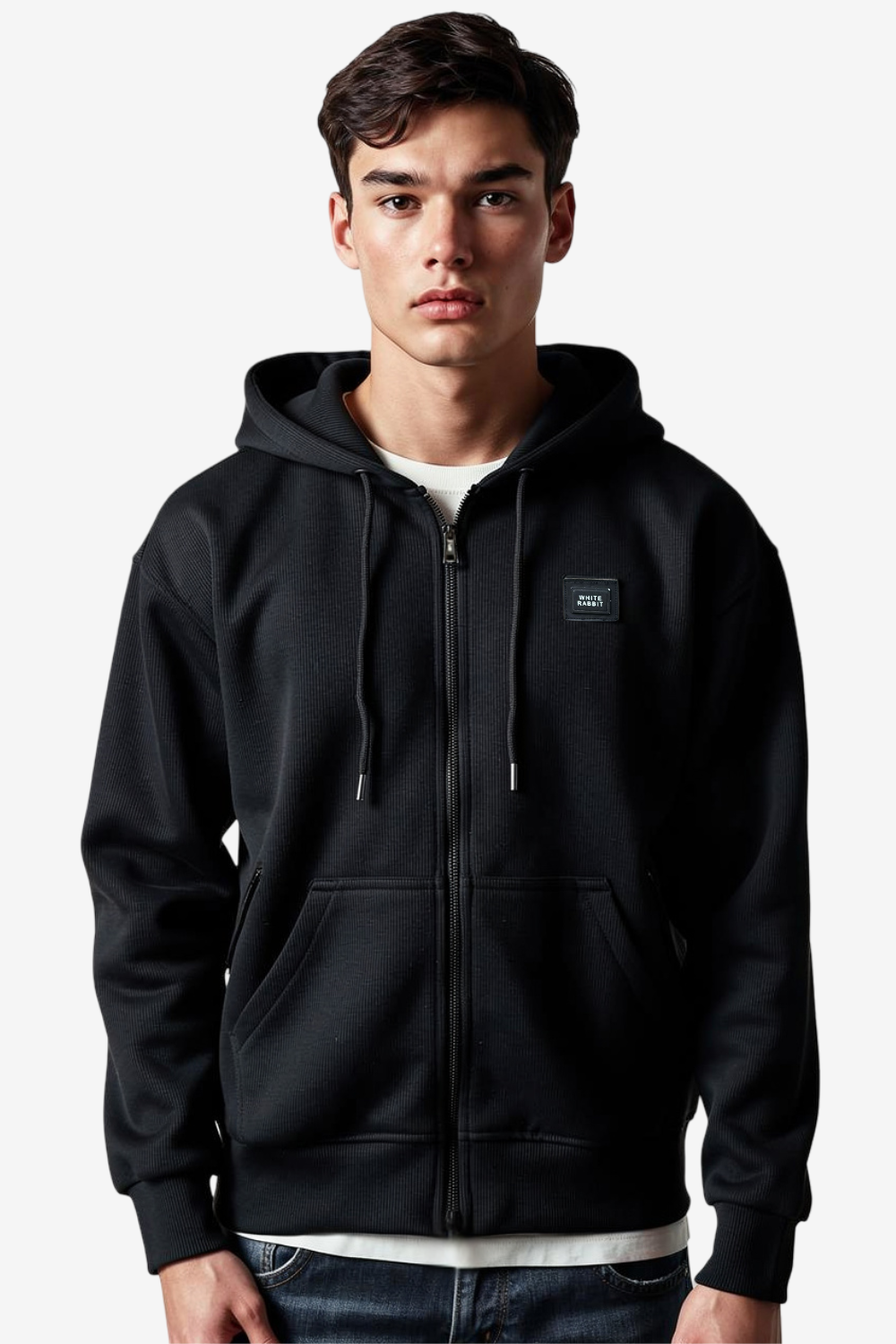 Basic Inner Fleece Zip Through Hoodie-Black