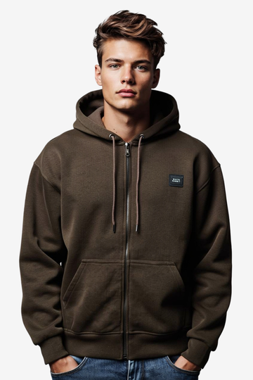 Basic Inner Fleece Zip Through Hoodie-Brown