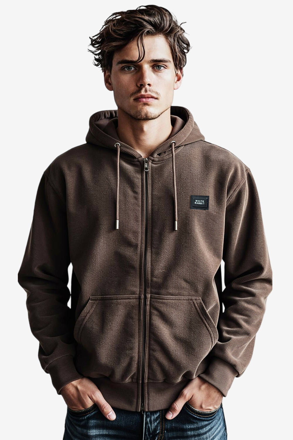 Basic Inner Fleece Zip Through Hoodie-Brown