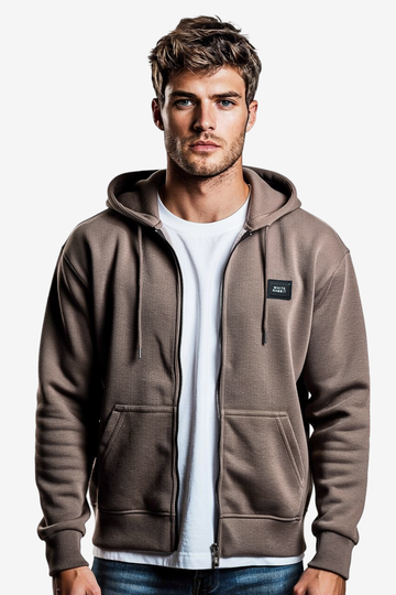 Basic Inner Fleece Zip Through Hoodie-Caffe