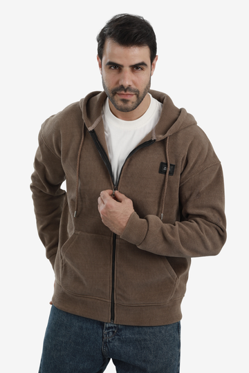 Basic Inner Fleece Zip Through Hoodie-Caffe