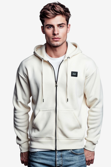 Basic Inner Fleece Zip Through Hoodie-White
