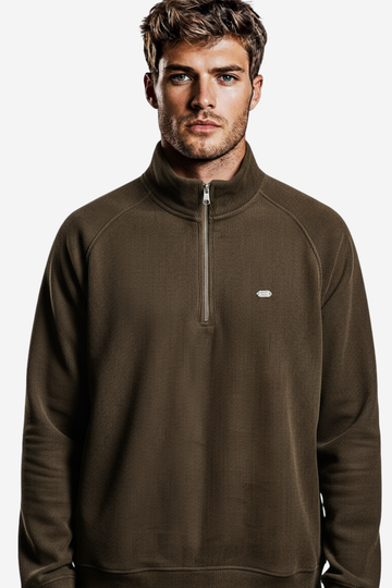 Men’s Half-Zip Ribbed Sweater – Brown