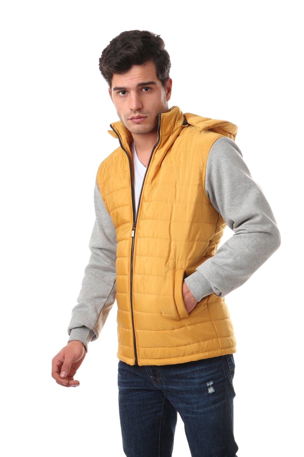 Waterproof Adjustable Hooded Buffer Jacket With Cotton Sleeves - Mustard