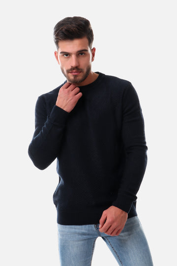 bbed Round Neck Acrylic Pullover -Navy
