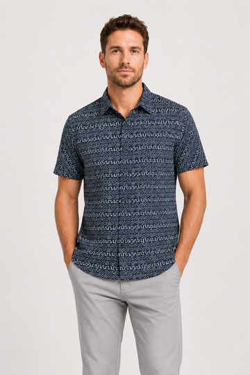 Self Pattern Buttons Down Closure Shirt – Navy & White