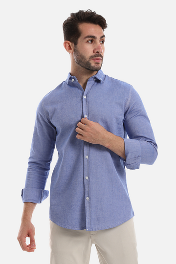Front Buttoned Down Textured Men Shirt - Blue