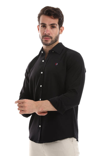 Front Buttoned Down Textured Men Shirt - Black