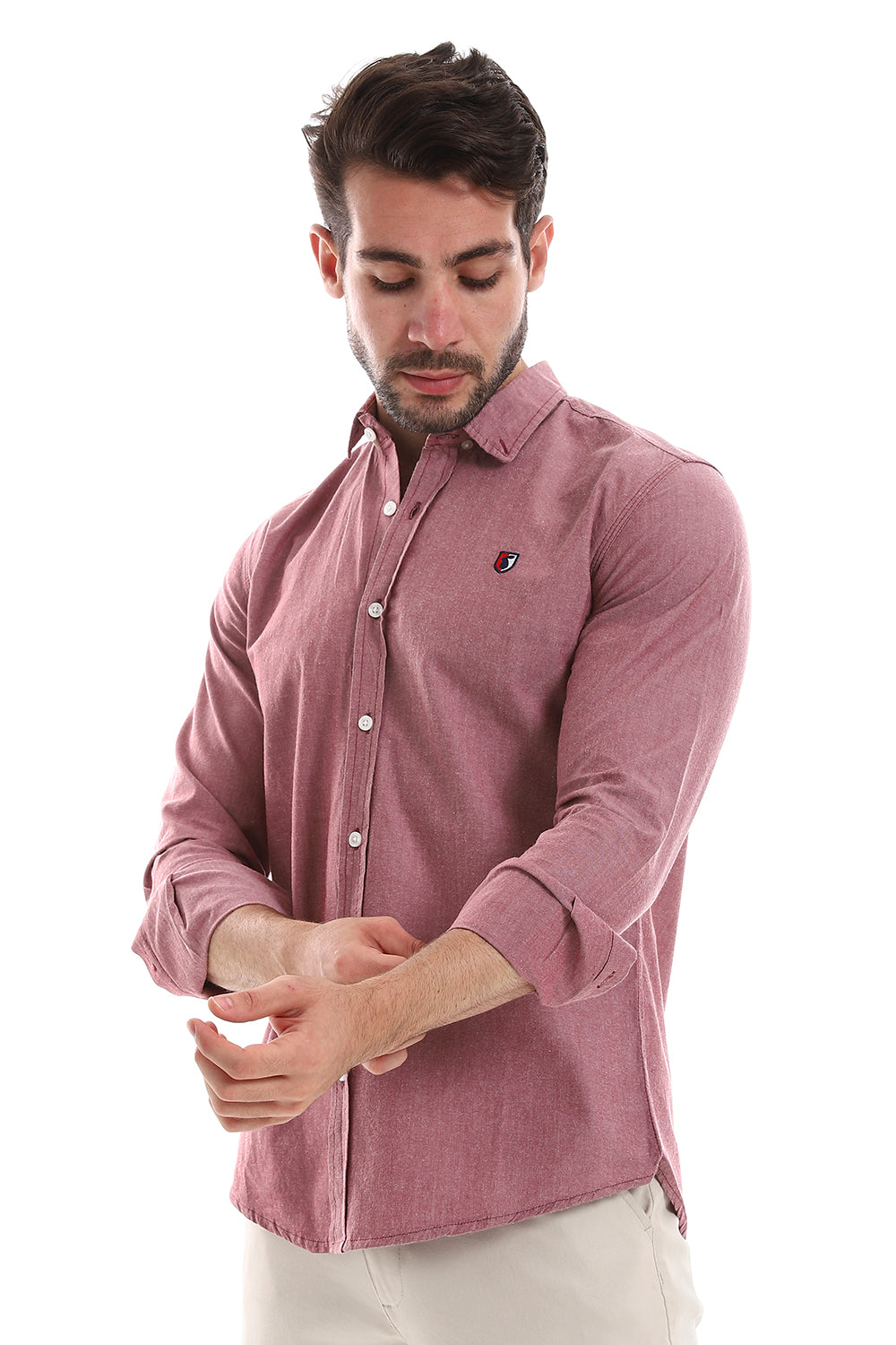 Front Buttoned Down Textured Men Shirt - Dark Red