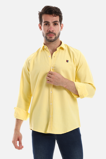Front Buttoned Down Textured Men Shirt - Yellow