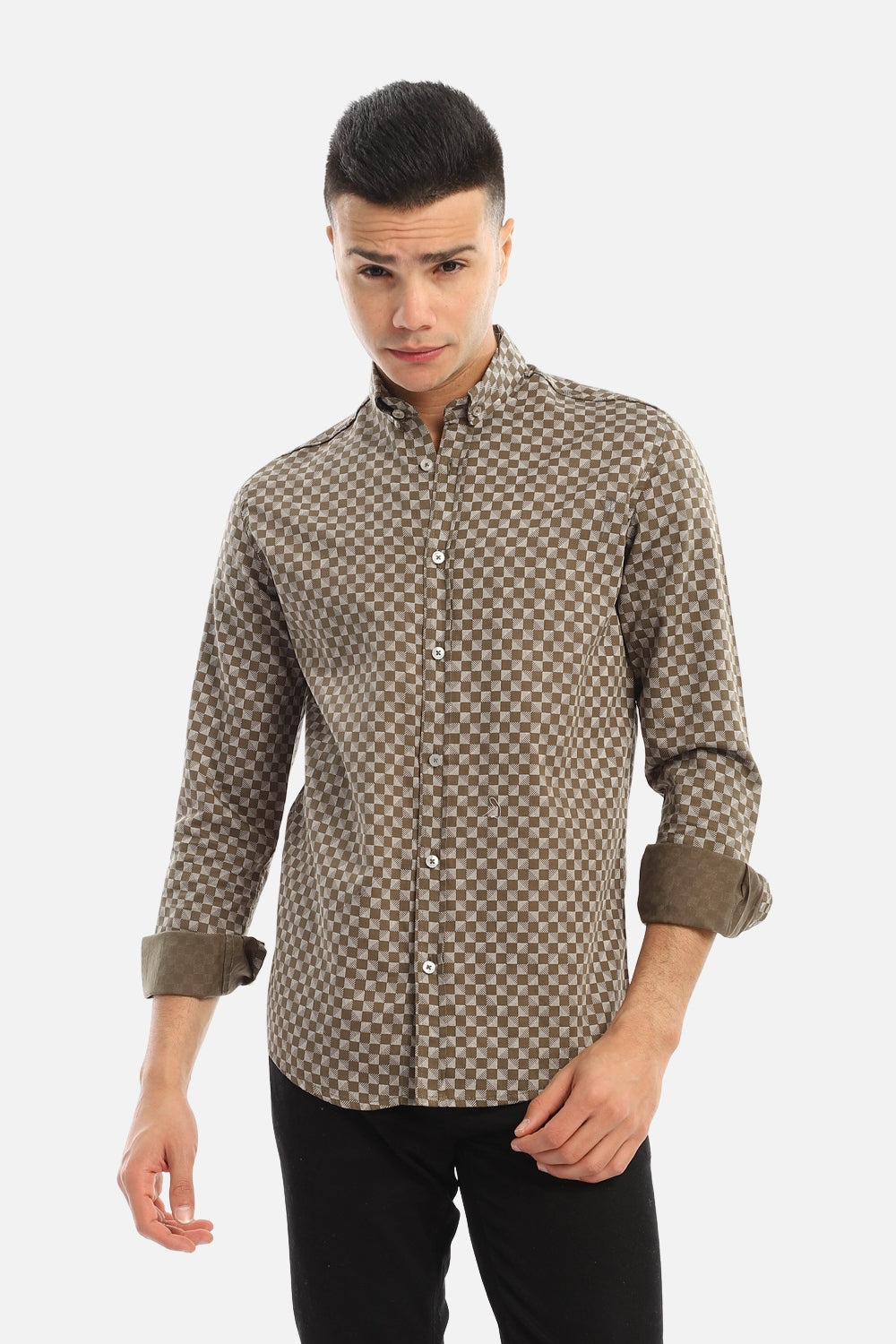 Checkered Full Sleeves Classic Collar Shirt - Olive