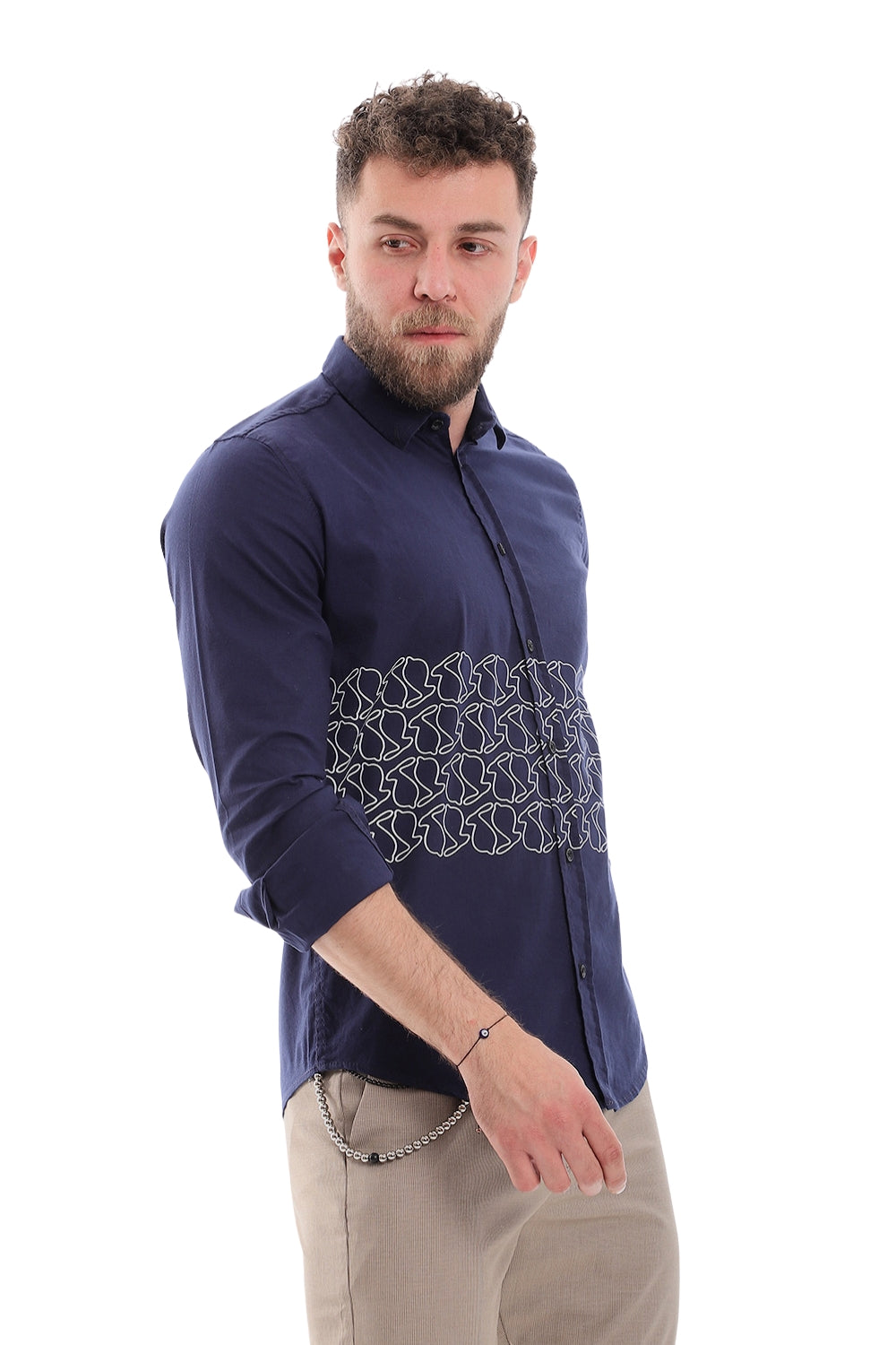 Printed Long Sleeves Button Down Shirt-Navy