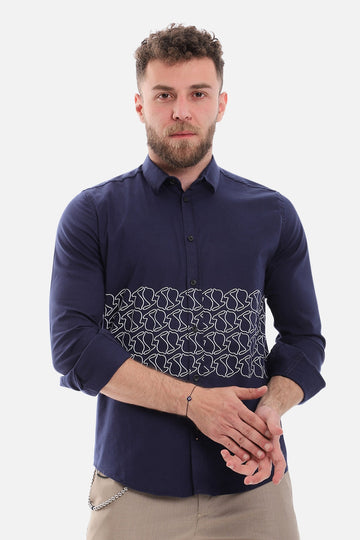 Printed Long Sleeves Button Down Shirt-Navy