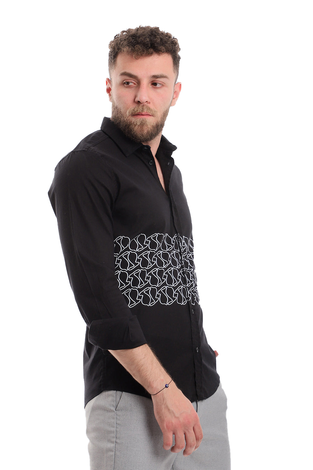 Printed Long Sleeves Button Down Shirt-Black