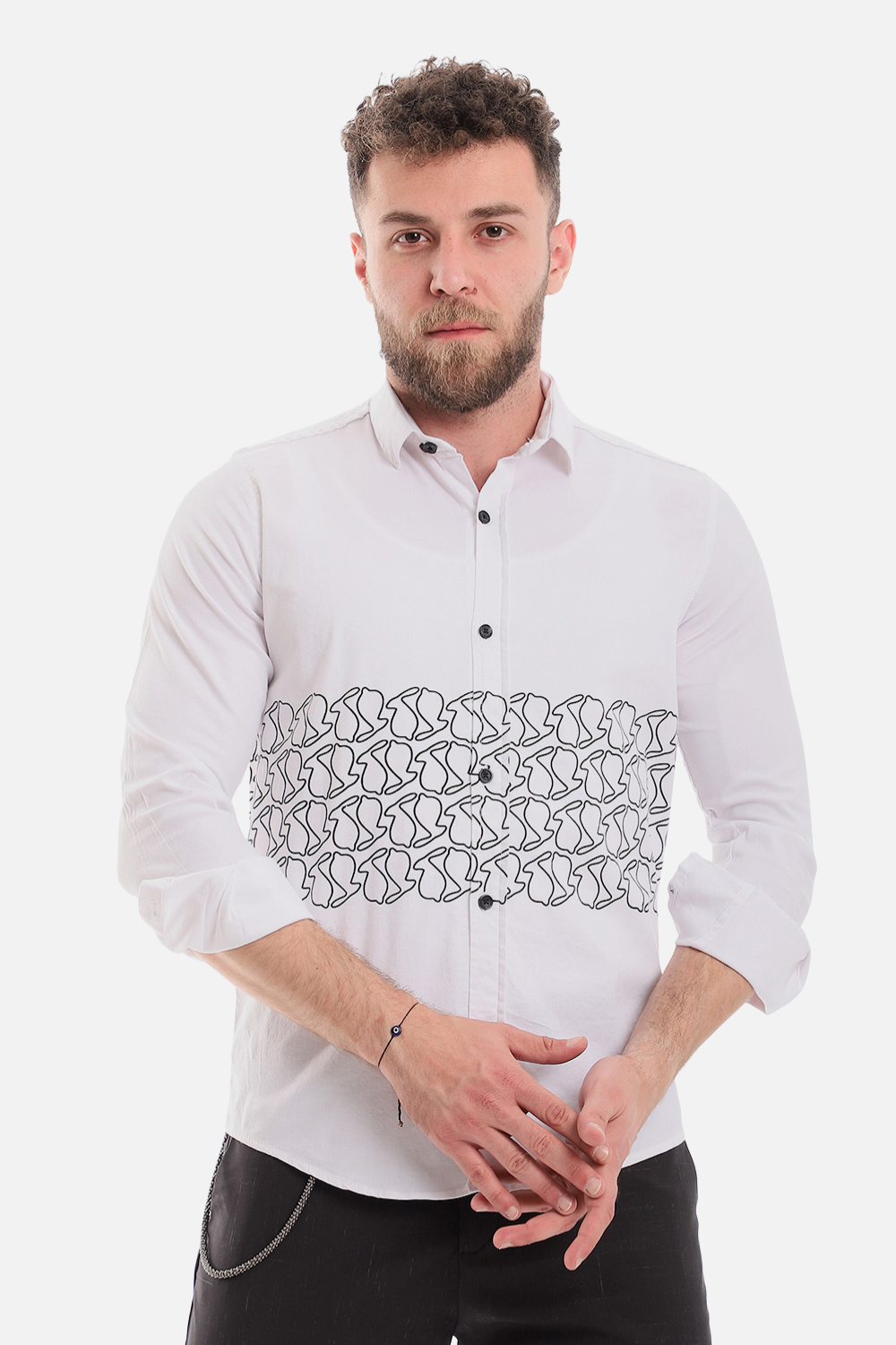 Printed Long Sleeves Button Down Shirt-White