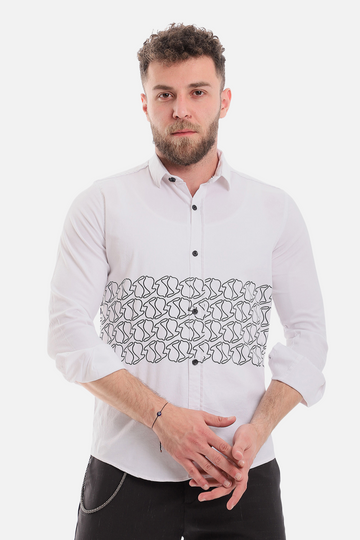 Printed Long Sleeves Button Down Shirt-White