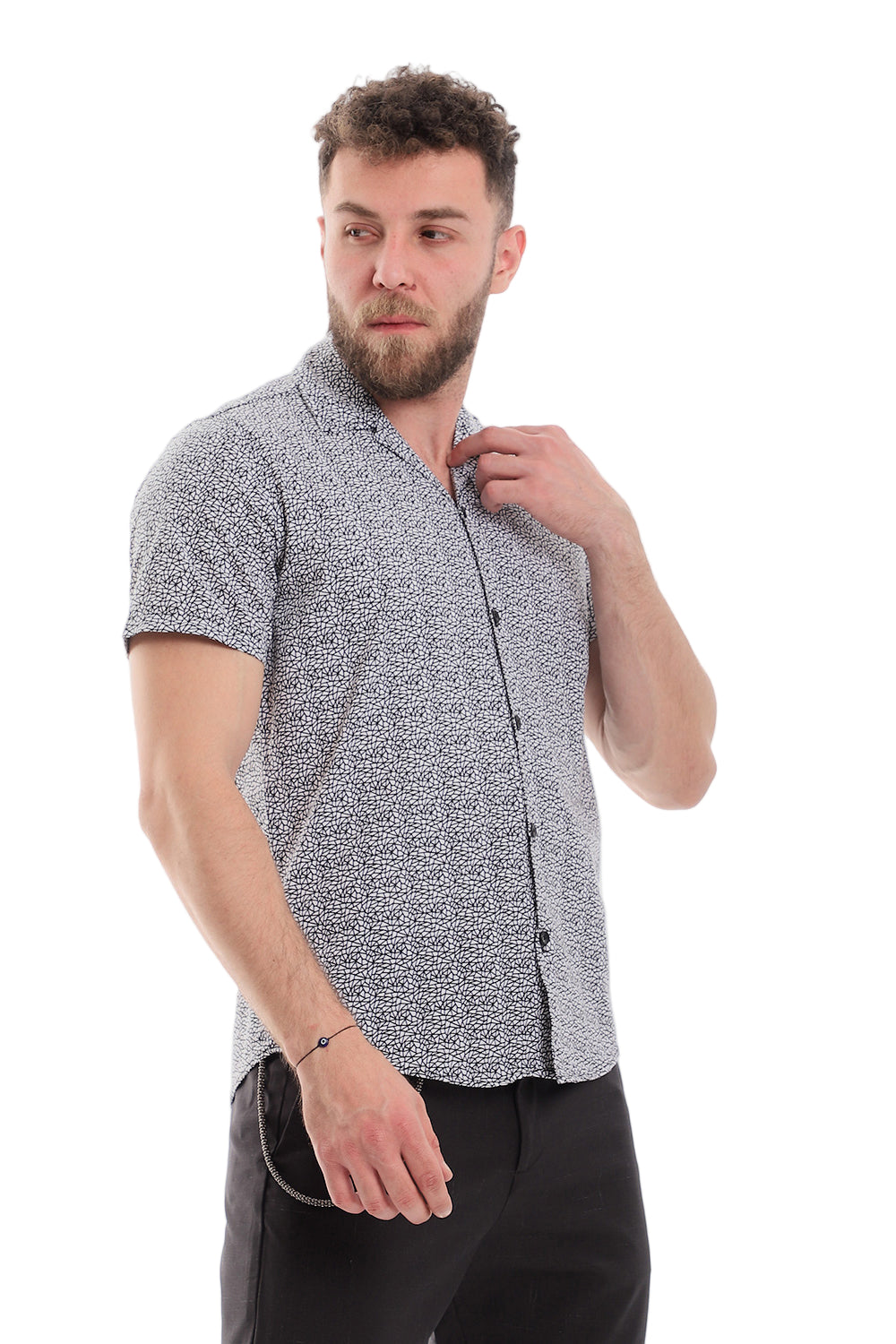Classic Printed Short Sleeves Button Down Shirt – White