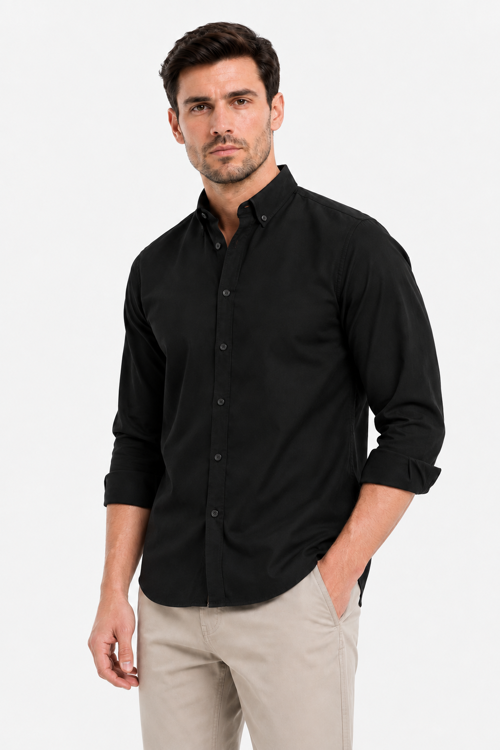 Plain Buttoned Down Long Sleeves Shirt-Black