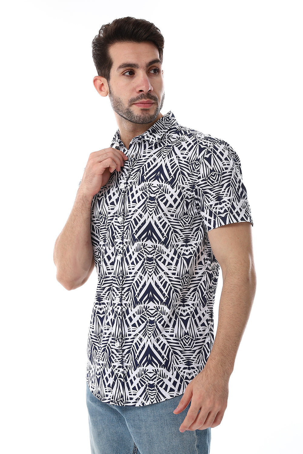 Palm Pattern Short Sleeves Shirt - Navy & White