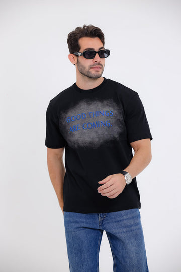"GOOD THINGS ARE COMING."Printed Short Sleeves Black T-Shirt