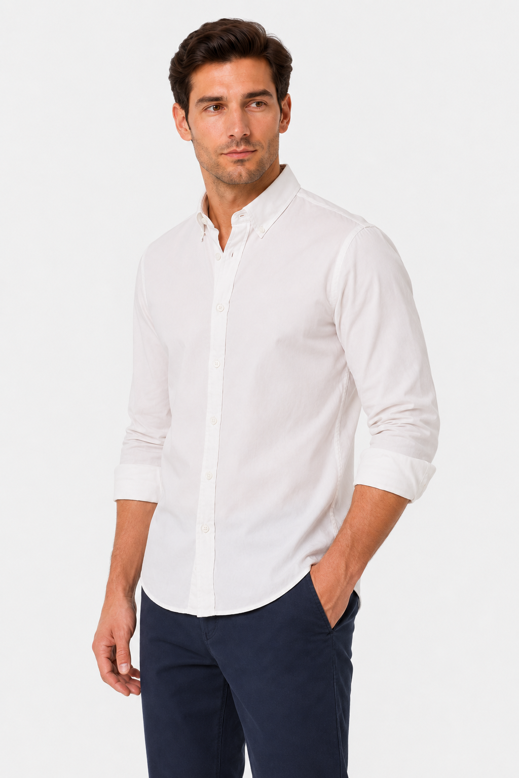 Plain Buttoned Down Long Sleeves Shirt-White