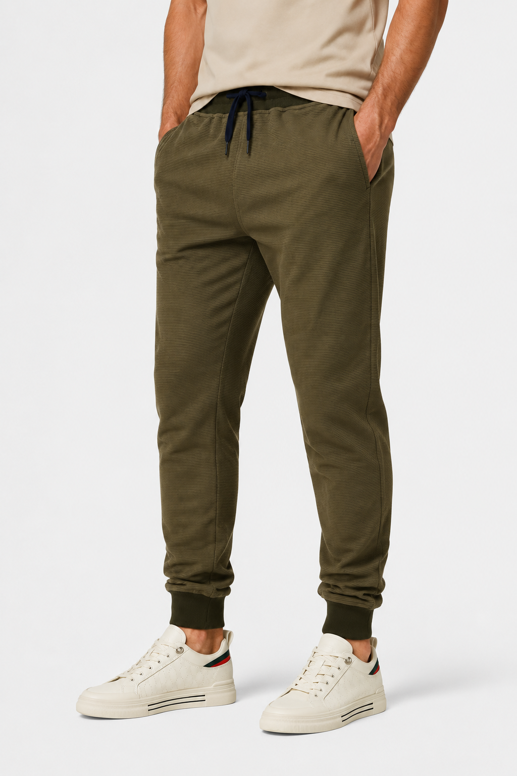 Fully Ribbed Plain Sweatpants - Olive