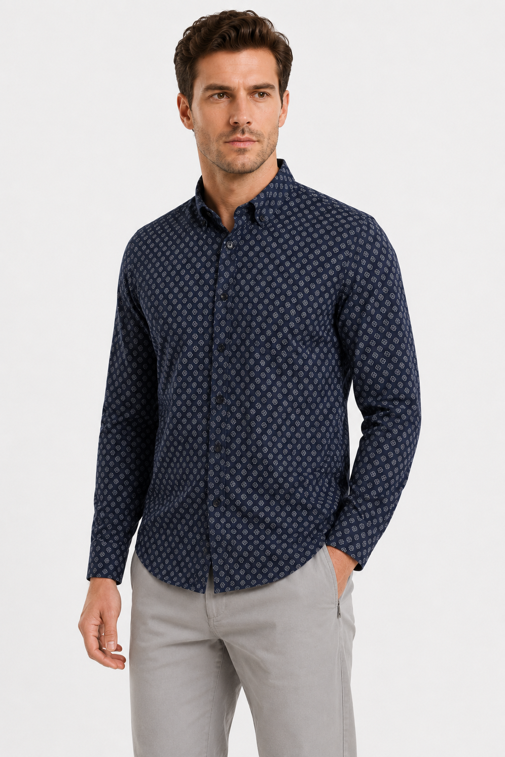 Buttons Down Pineapple Long Sleeves Shirt - Navy