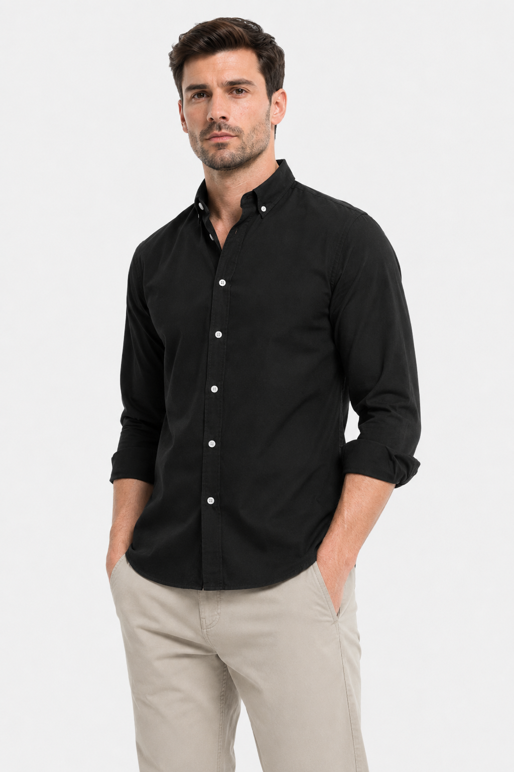 Plain Buttoned Down Long Sleeves Shirt-Black