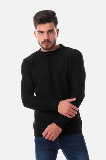 bbed Round Neck Acrylic Pullover -BLACK