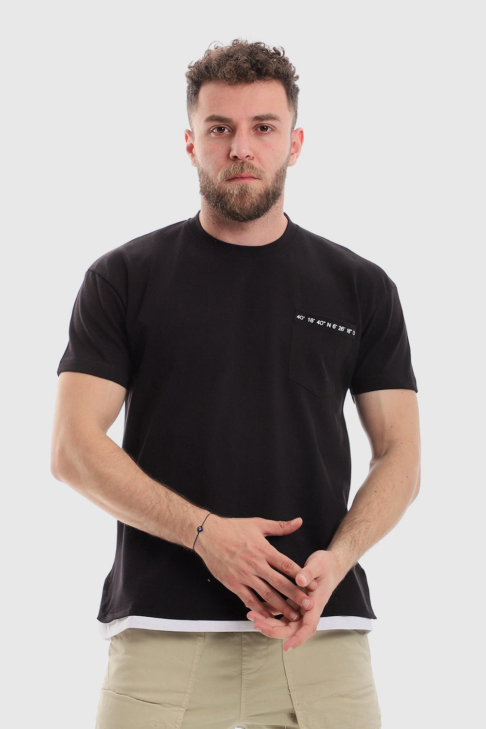 Stitched Chest Logo Pique Patterned Polo Shirt -Black