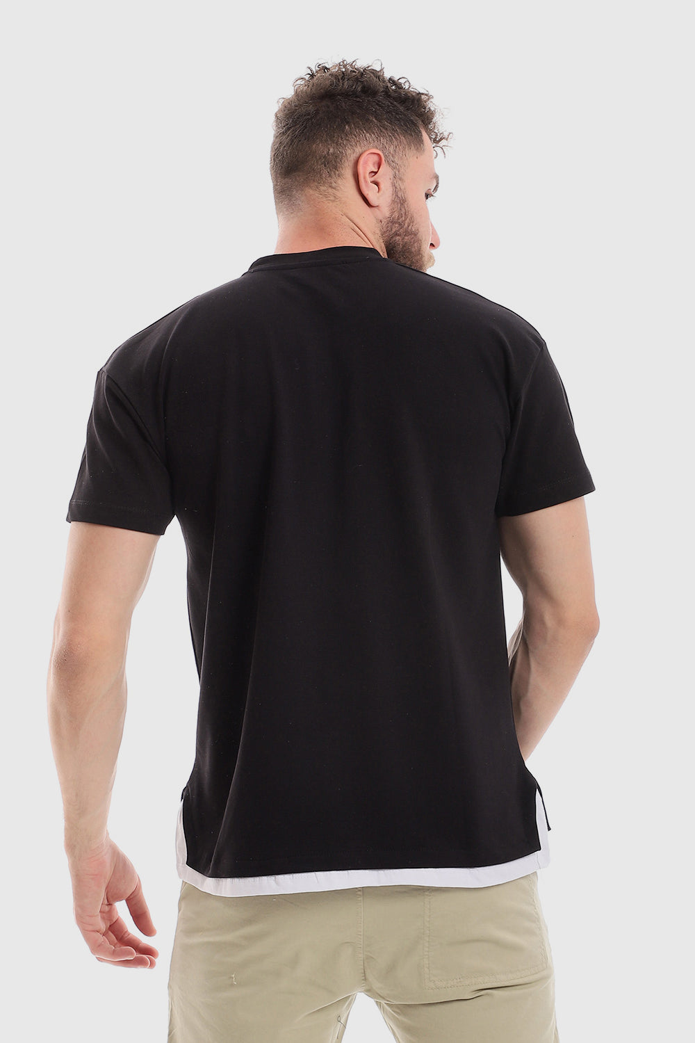 Stitched Chest Logo Pique Patterned Polo Shirt -Black