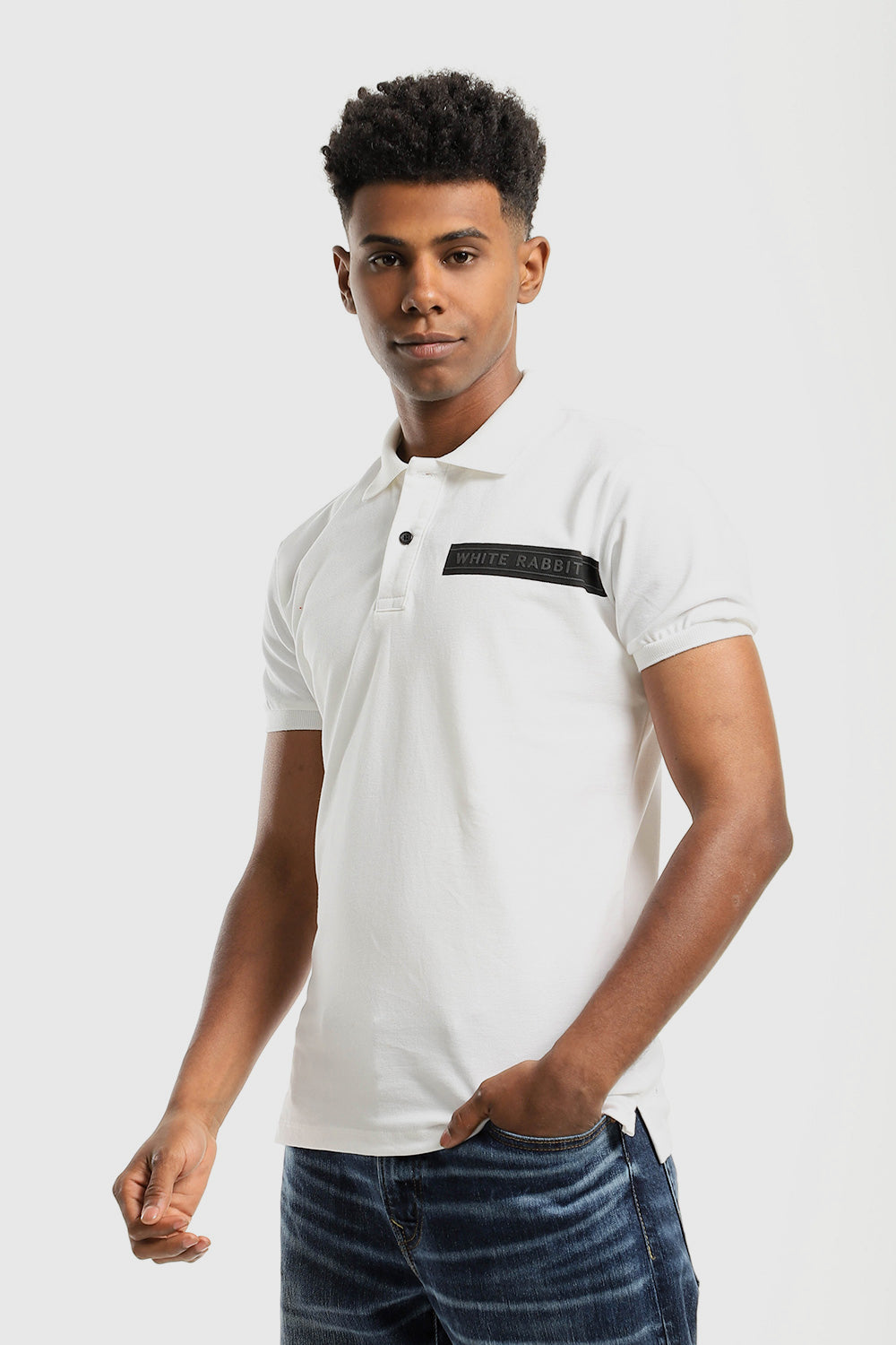 Stitched Chest Logo Pique Patterned Polo Shirt – White