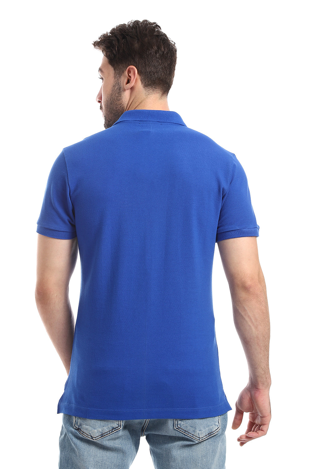 Pique Pattern Turn Down Collar Polo Shirt -Blue
