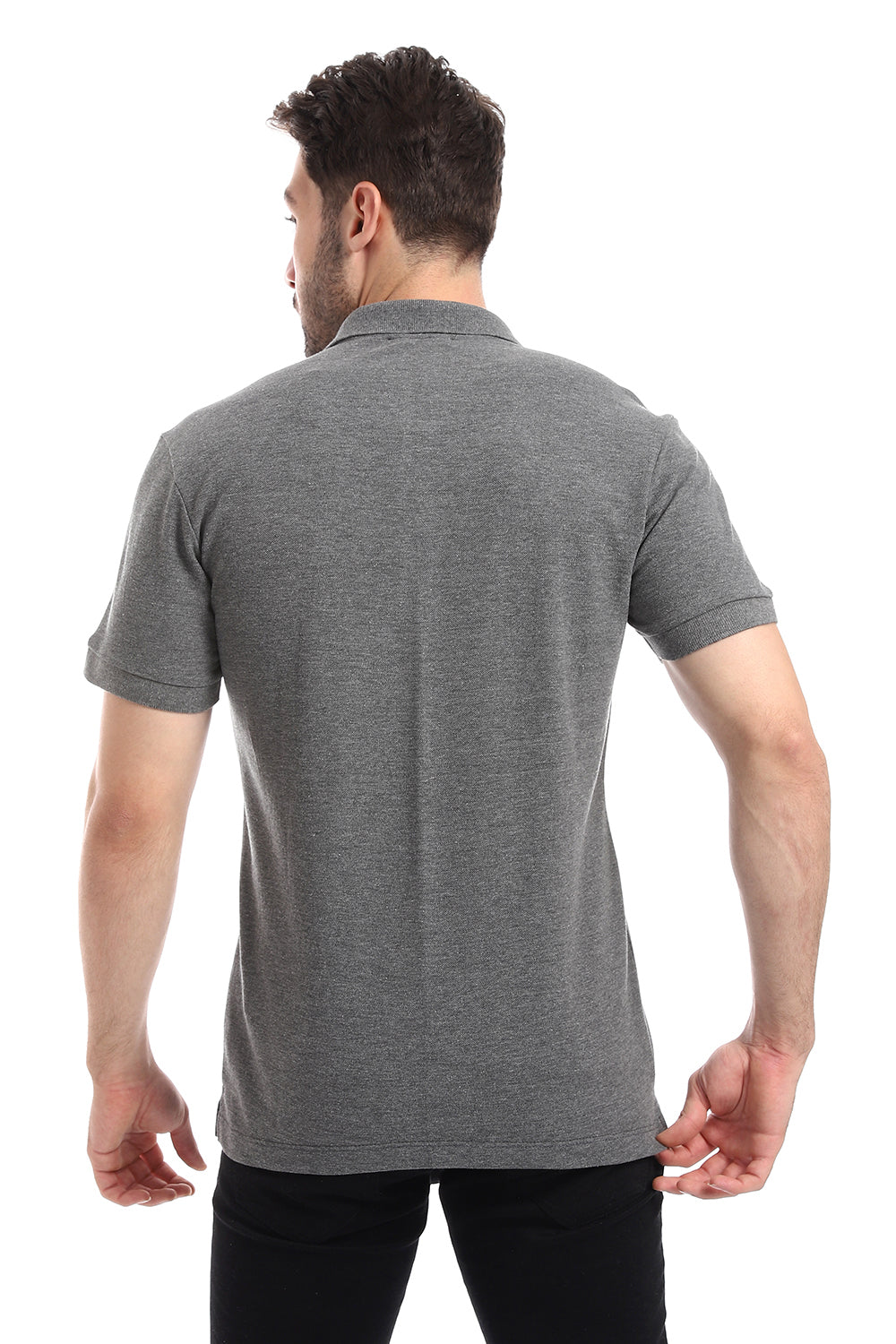 Pique Pattern Turn Down Collar Polo Shirt -Grey