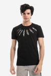 Textured Feathers Printed Tee - Black, White & Mustard