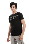 Textured Feathers Printed Tee - Black, White & Mustard