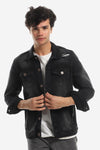 Ripped Details Below Waist Length Denim Jacket- Black