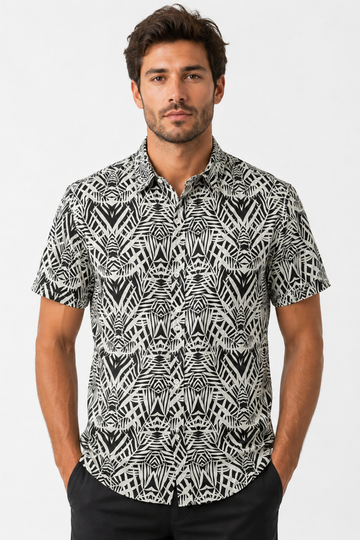 Palm Pattern Short Sleeves Shirt – Black