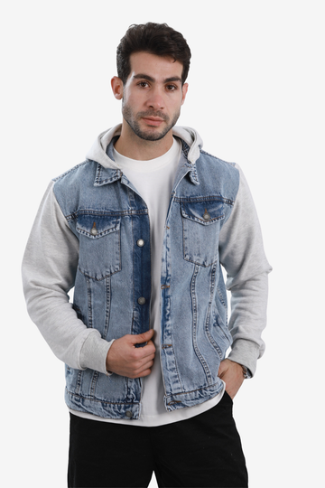 جاكيت جينز بأكمام طويلة وياقة مطوية --- رمادي فاتح وأزرق فاتح