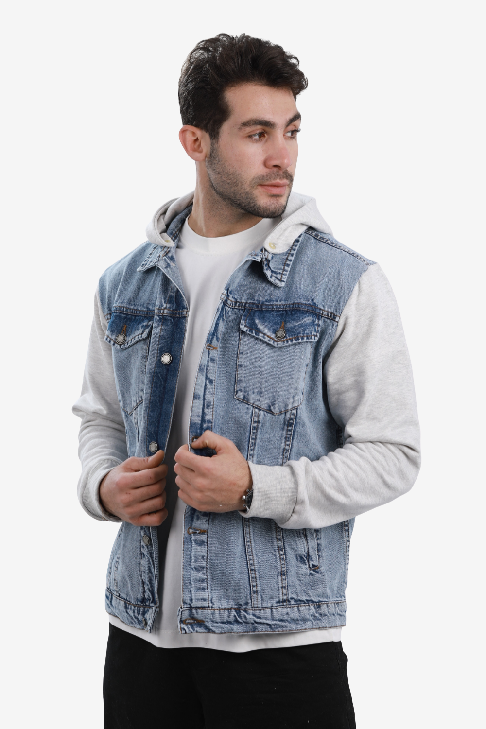Turn Down Collar Long Sleeves Jeans Jacket --- Heather Grey & Light Blue