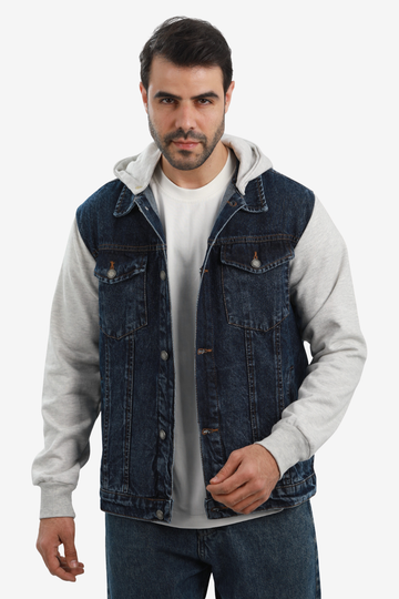 جاكيت جينز بأكمام طويلة وياقة مطوية --- رمادي فاتح وأزرق فاتح