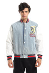 Color Block Denim Bomber Jacket With Back Stitching