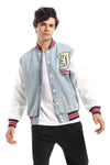 Color Block Denim Bomber Jacket With Back Stitching