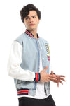 Color Block Denim Bomber Jacket With Back Stitching