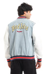 Color Block Denim Bomber Jacket With Back Stitching