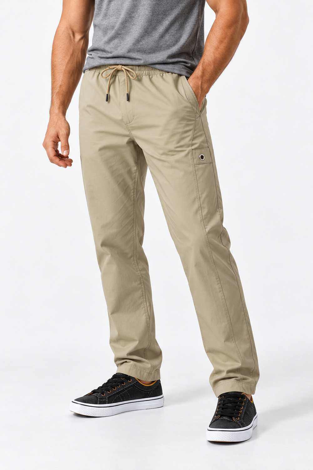 Men’s Casual Wide Leg Jogger Pants – Adjustable Drawstring - Beige Slip On Plain Practical Joggers