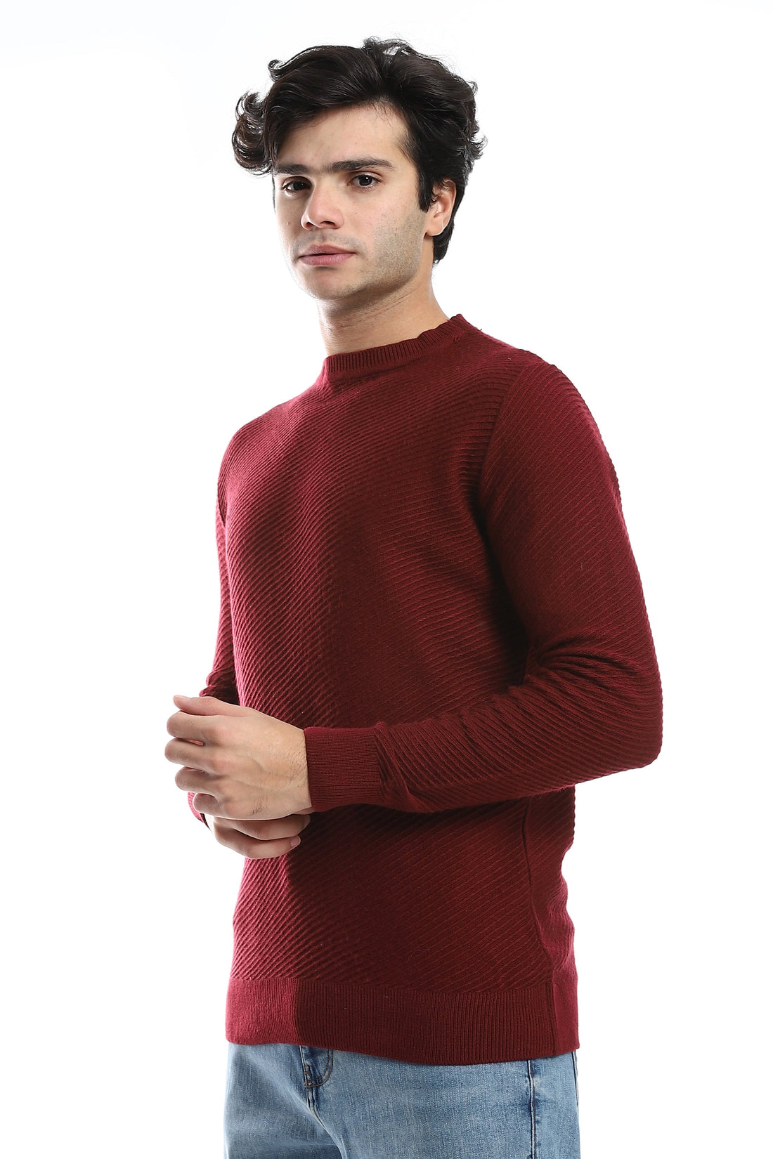 bbed Round Neck Acrylic Pullover -Red