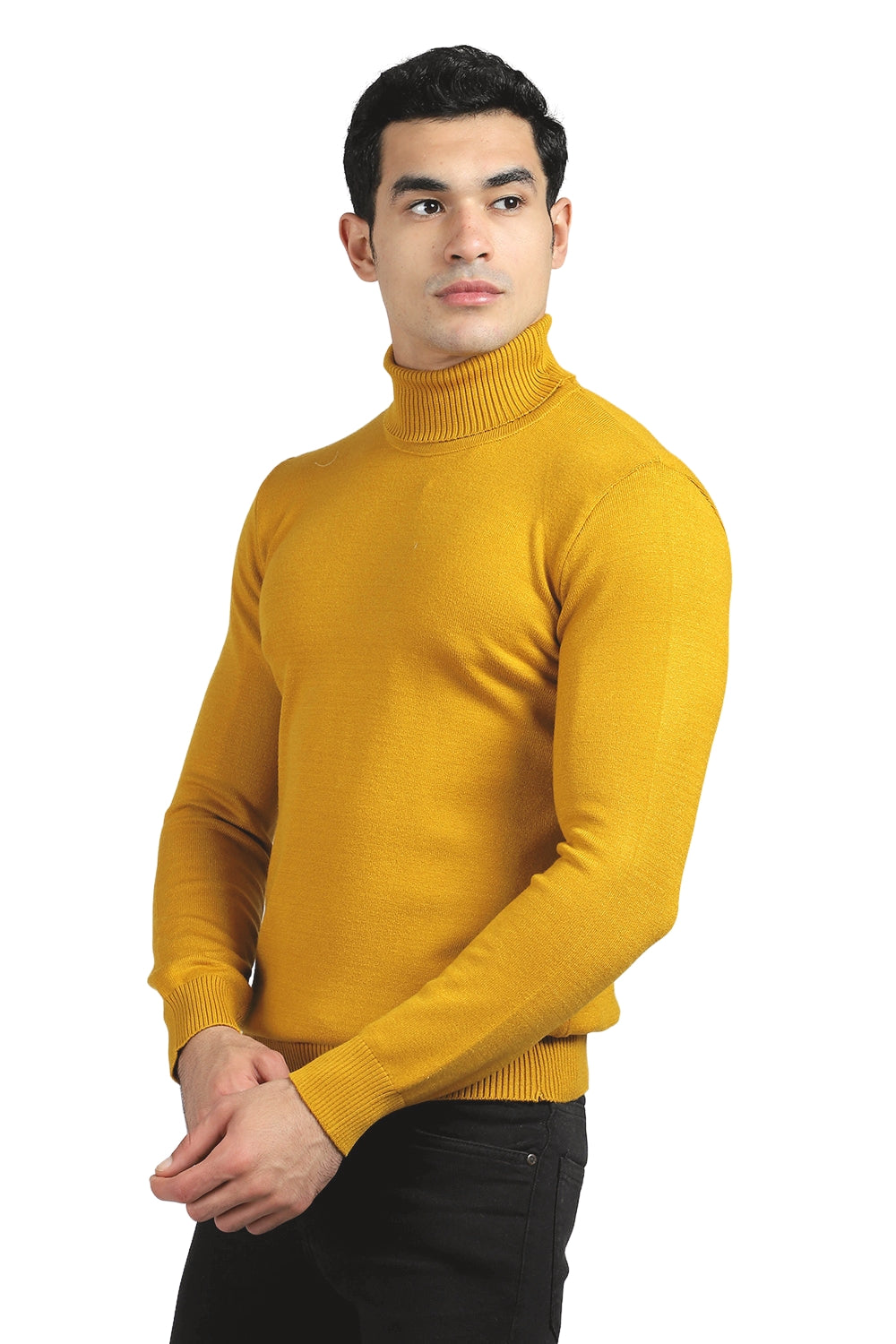 Ribbed Turtle Neck Plain Pullover --- Mustard