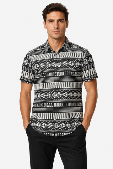 Short Sleeves Turn Down Collar Shirt - Black & White