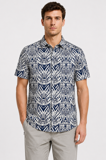 Palm Pattern Short Sleeves Shirt - Navy & White